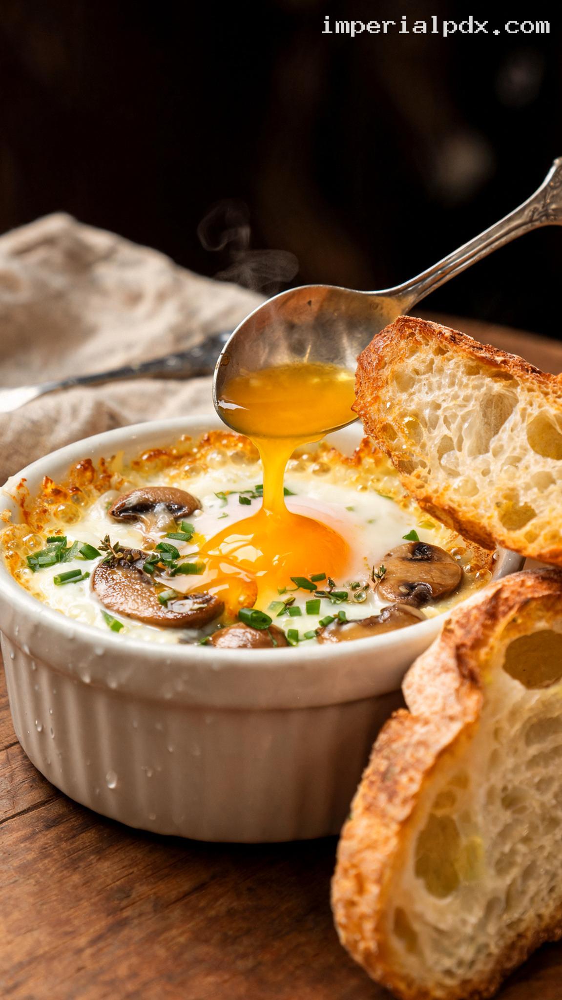 Mushroom and Gruyère Eggs en Cocotte – Closeup