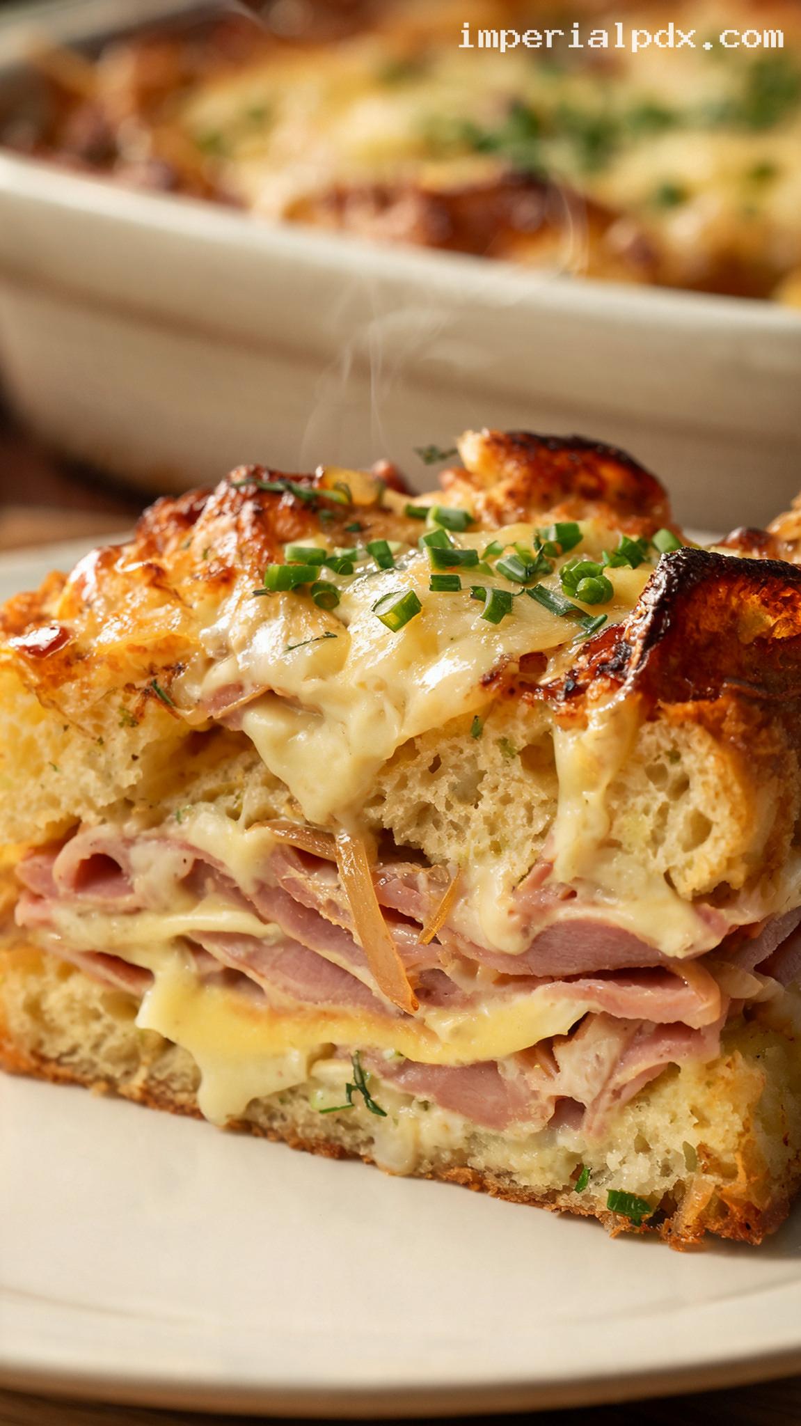 Overnight Ham and Swiss Breakfast Strata – Closeup