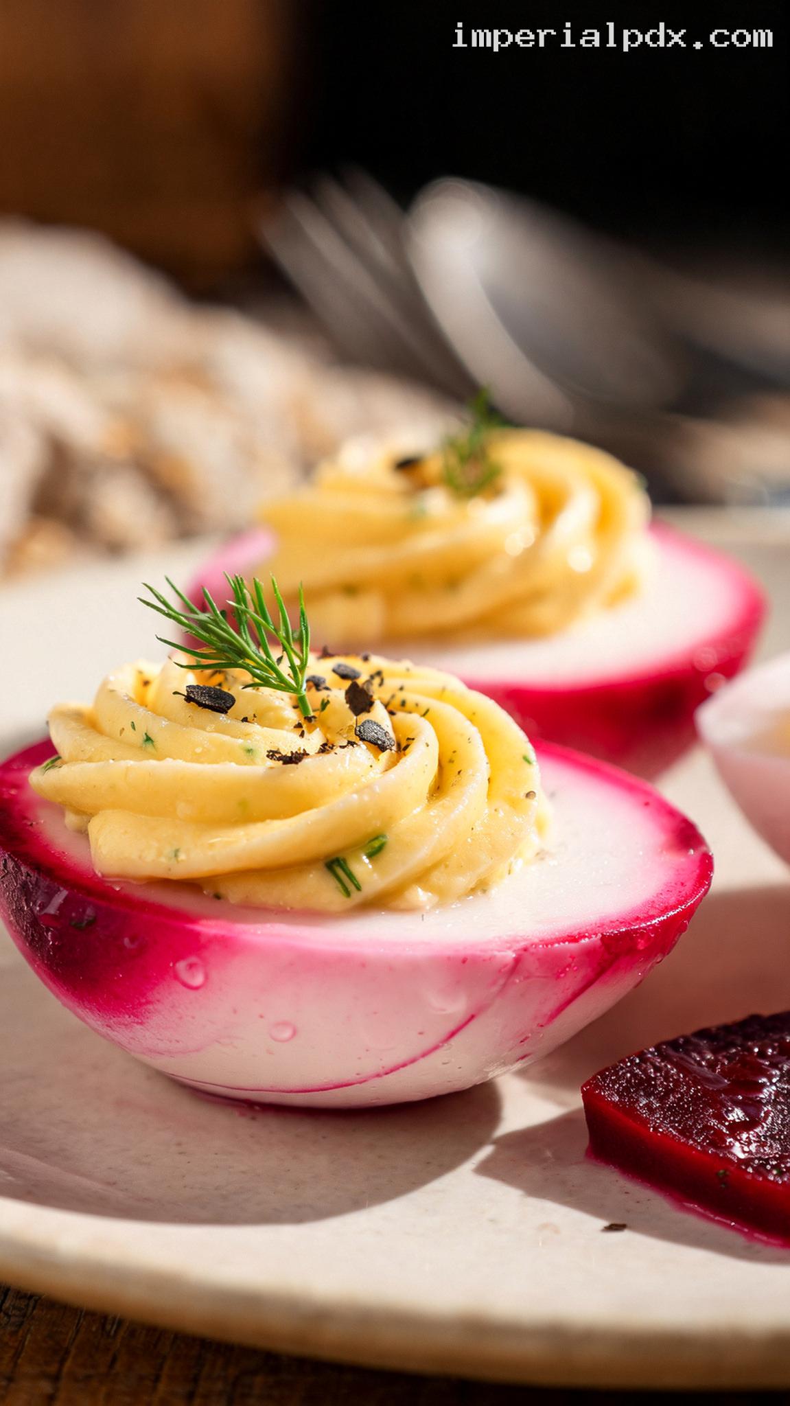 Pickled Beet Deviled Eggs with Dill and Horseradish – Closeup