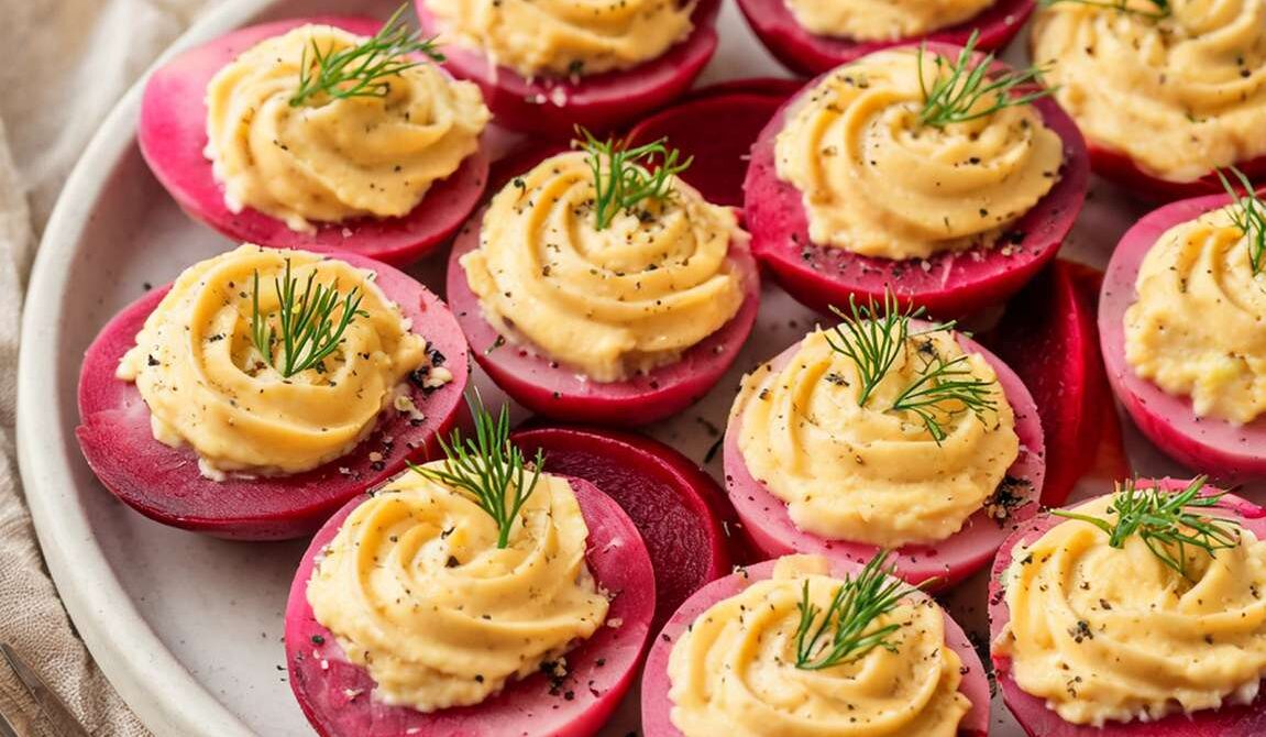 Pickled Beet Deviled Eggs with Dill and Horseradish