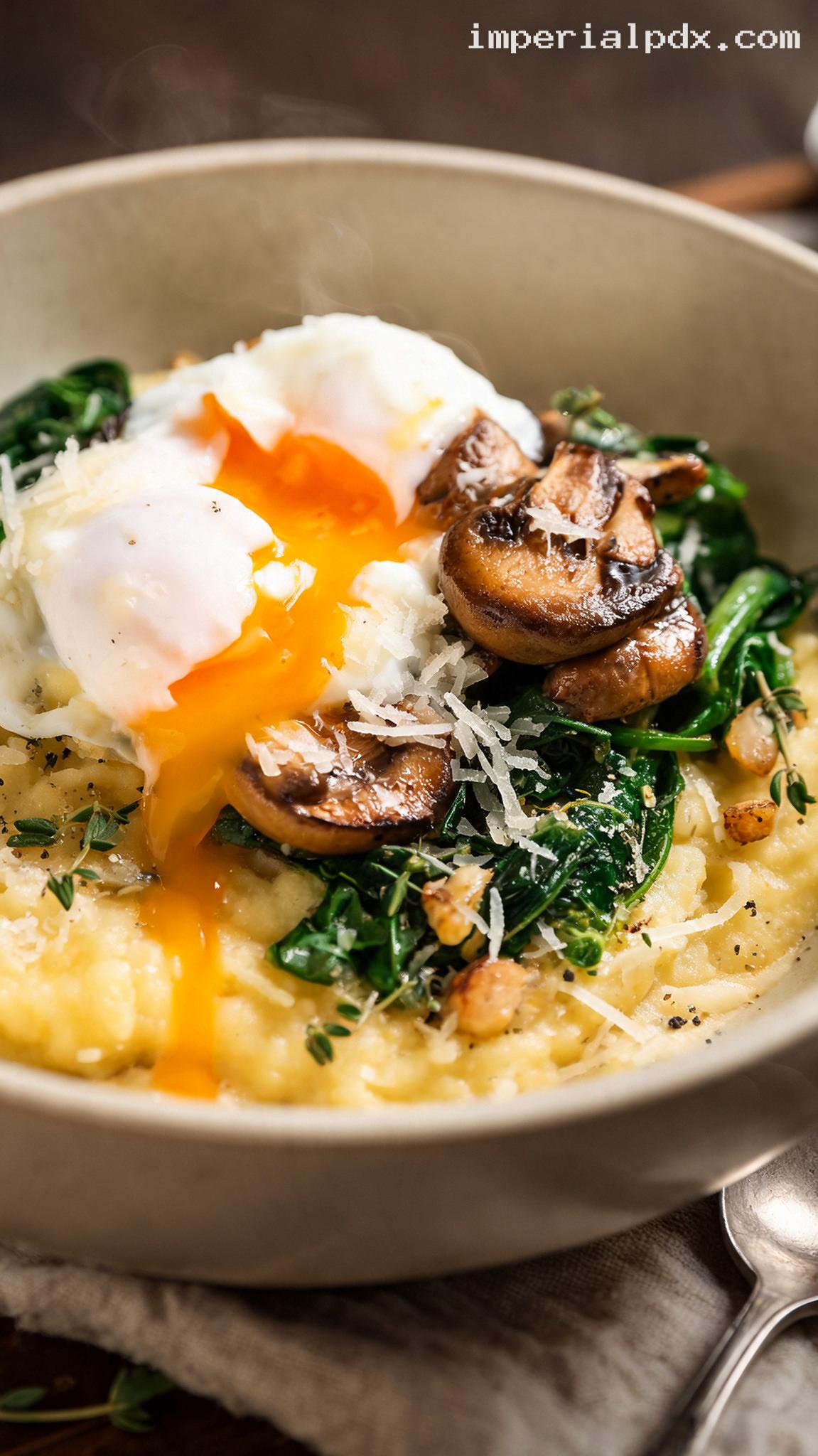 Poached Eggs Over Creamy Parmesan Polenta – Closeup