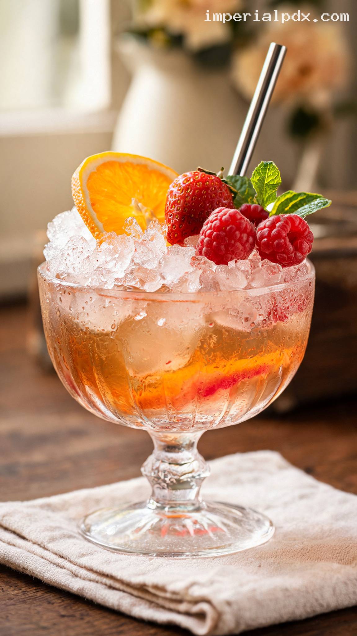 Refreshing Sherry Cobbler with Fresh Citrus and Seasonal Fruit – Closeup