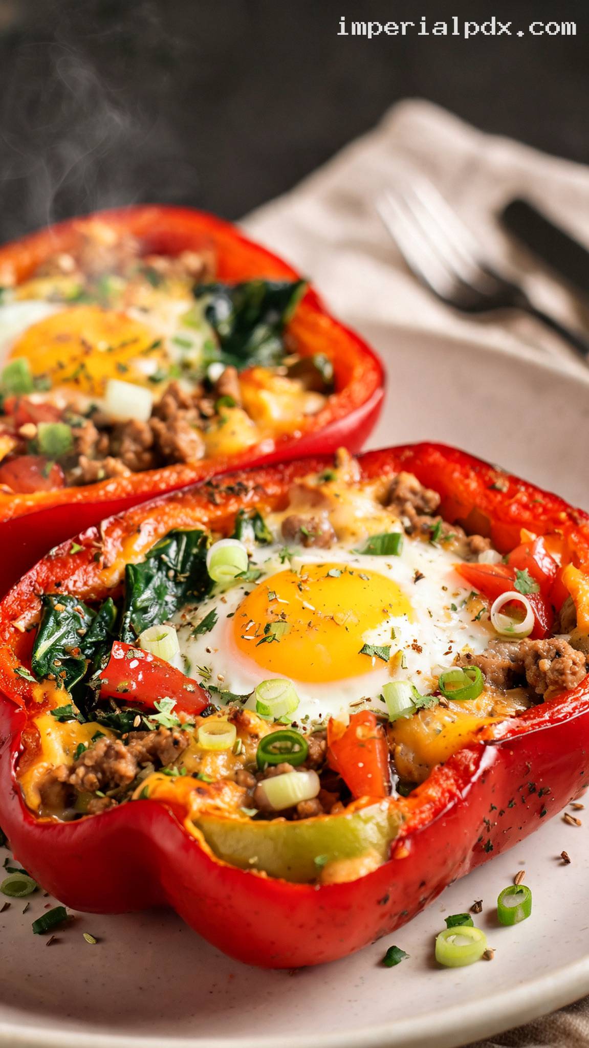 Roasted Egg-Stuffed Bell Peppers with Sausage – Closeup