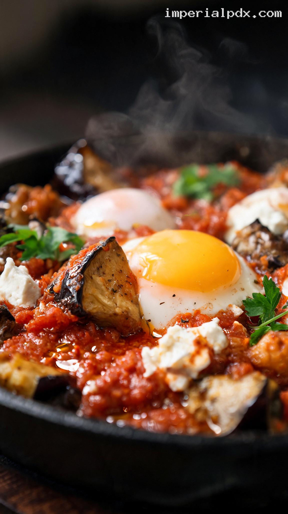 Smoky Eggplant Shakshuka With Feta and Parsley – Closeup
