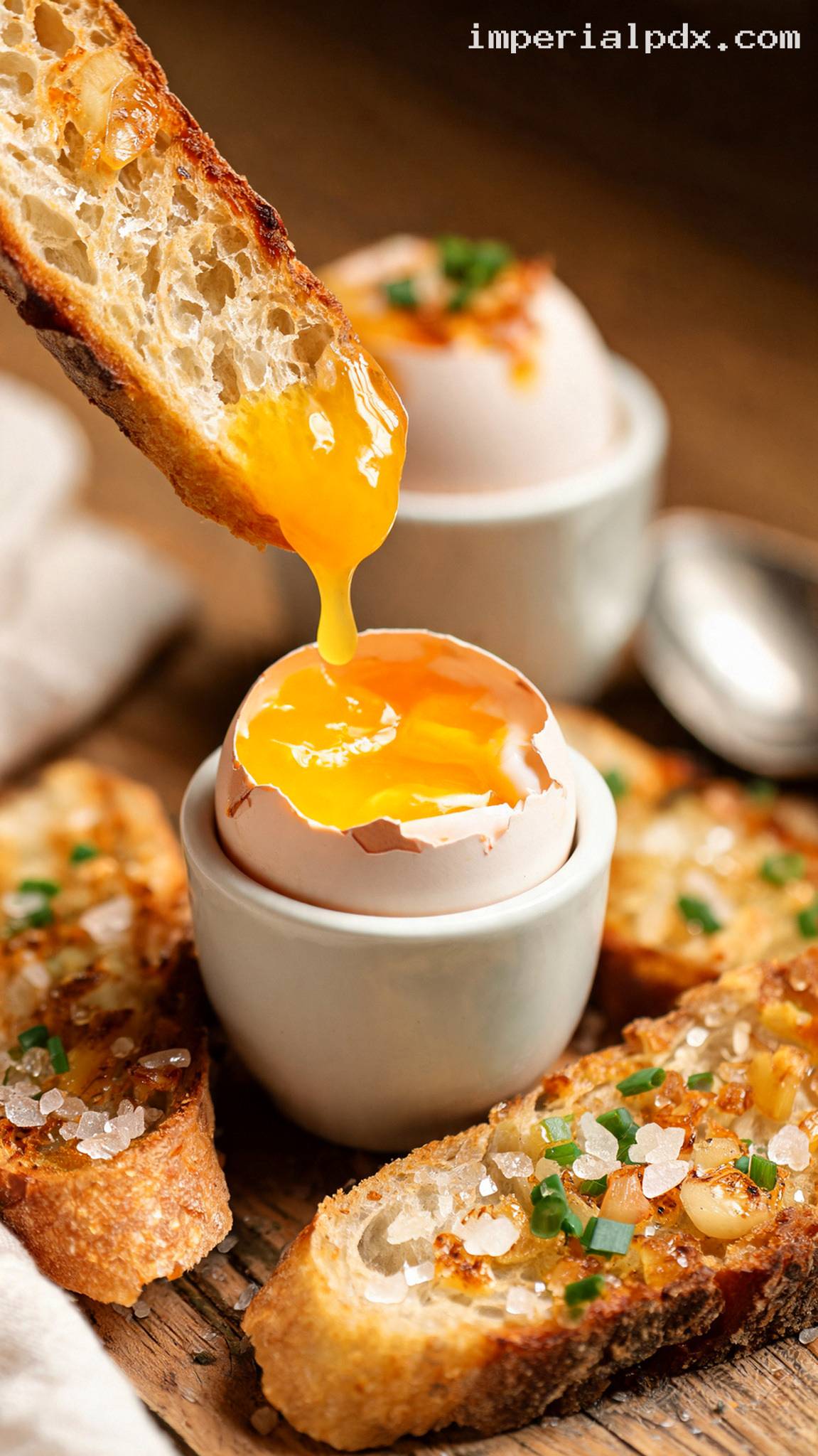 Soft-Boiled Eggs with Roasted Garlic Butter Soldiers – Closeup