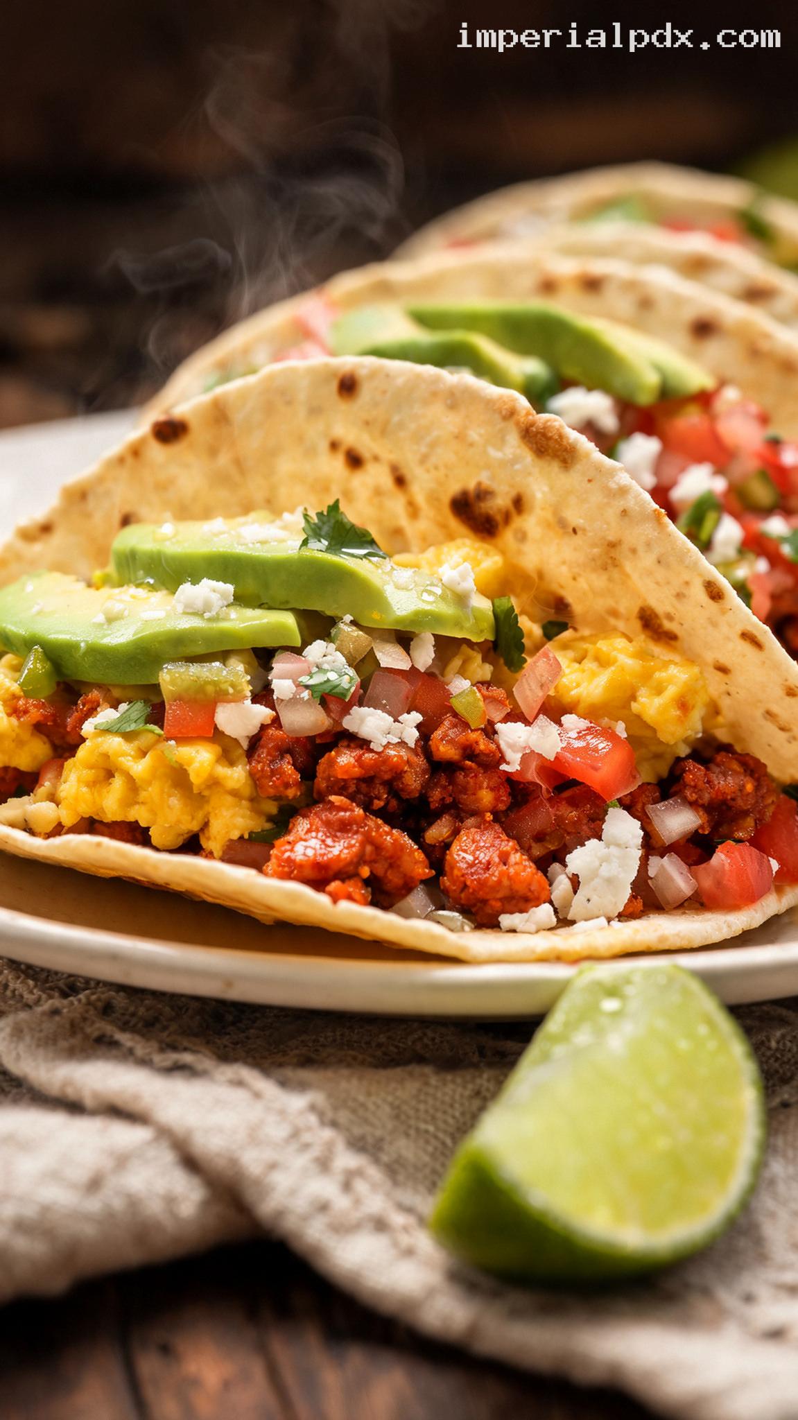 Spicy Chorizo and Egg Breakfast Tacos – Closeup