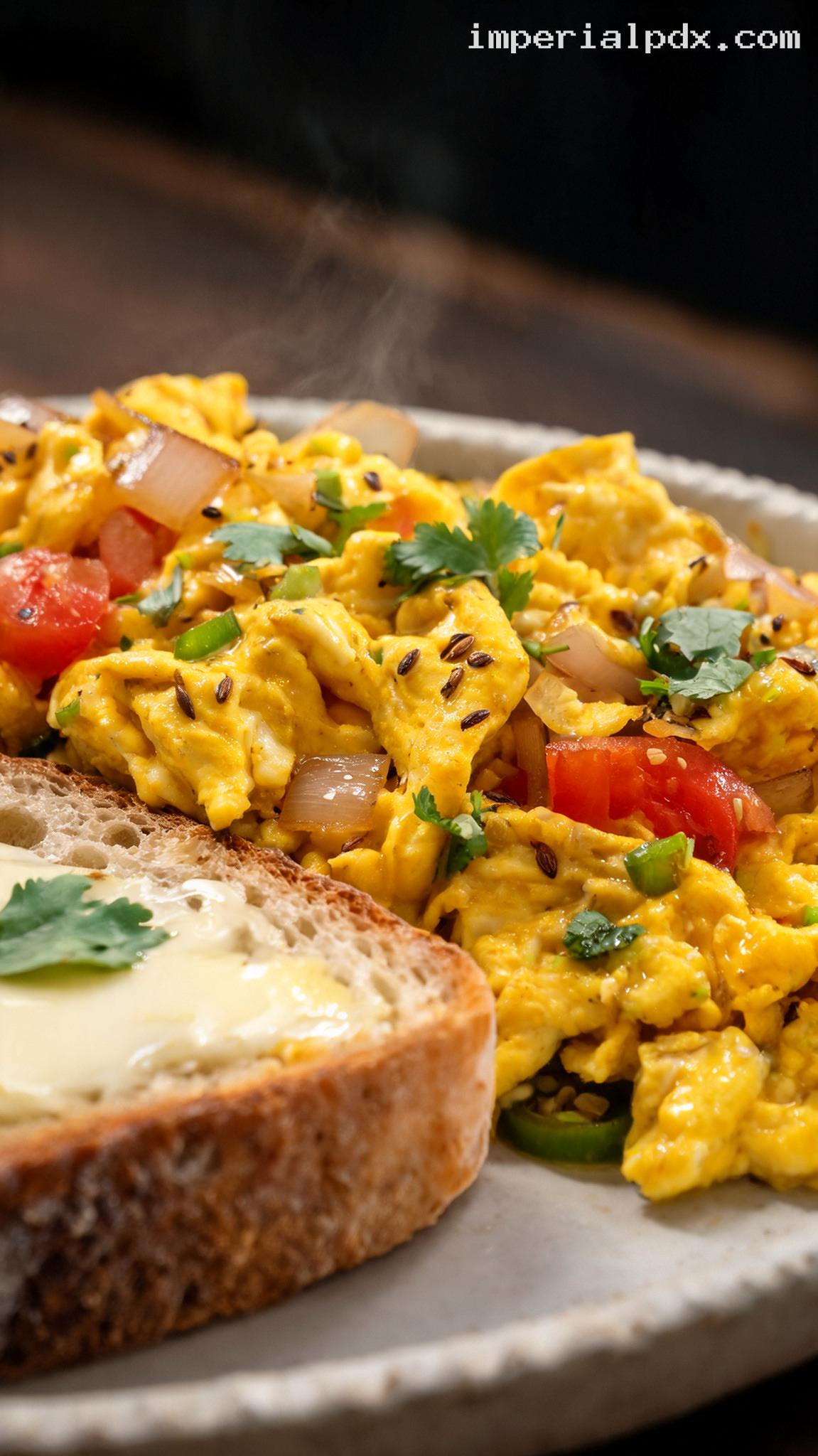 Spicy Indian Egg Bhurji with Buttery Toast – Closeup