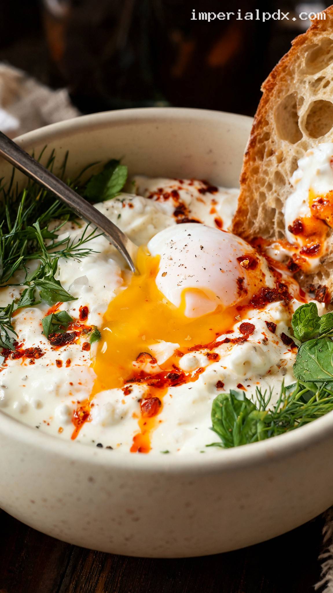 Turkish Çılbır With Garlic Yogurt and Chili Butter – Closeup
