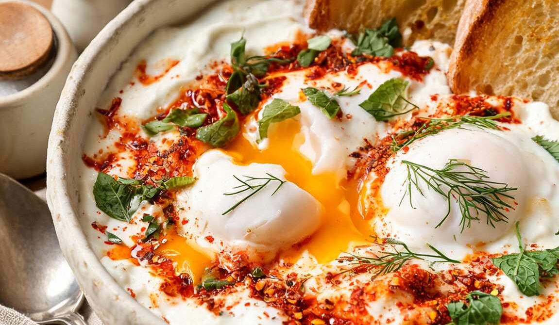 Turkish Çılbır With Garlic Yogurt and Chili Butter
