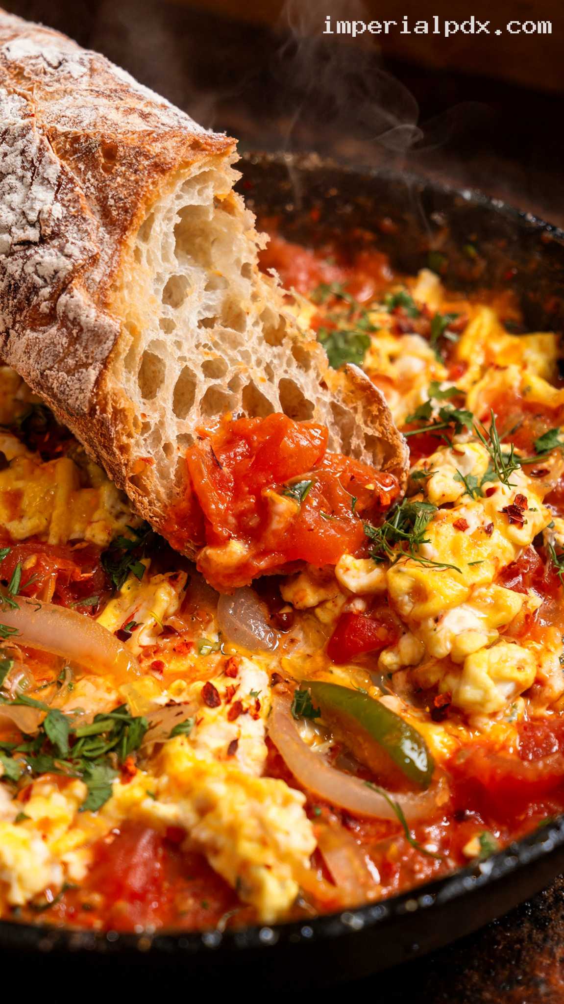 Turkish Menemen with Tomatoes, Peppers, and Herbs – Closeup