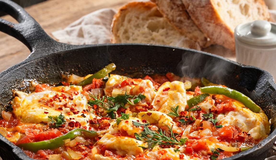 Turkish Menemen with Tomatoes, Peppers, and Herbs