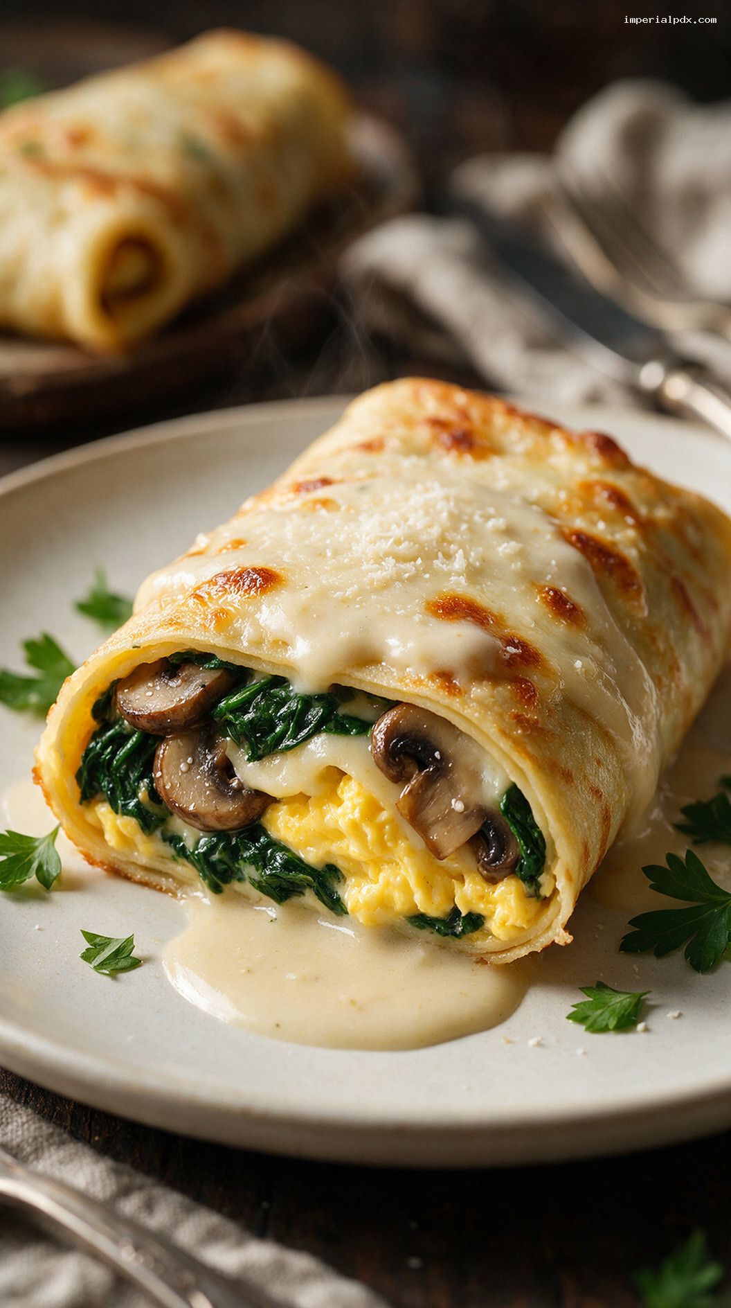 Baked Egg and Spinach Stuffed Crepes – Closeup