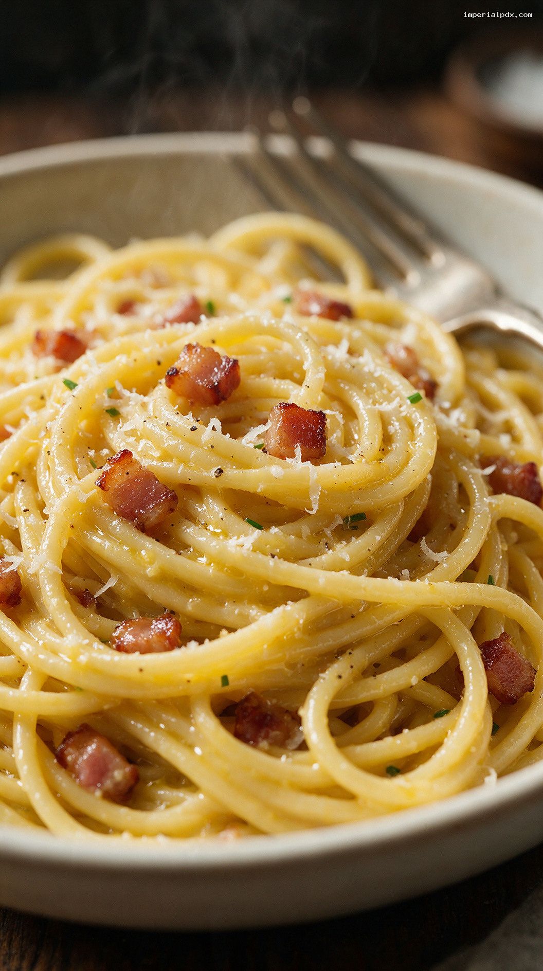 Breakfast Carbonara with Eggs and Crispy Pancetta – Closeup