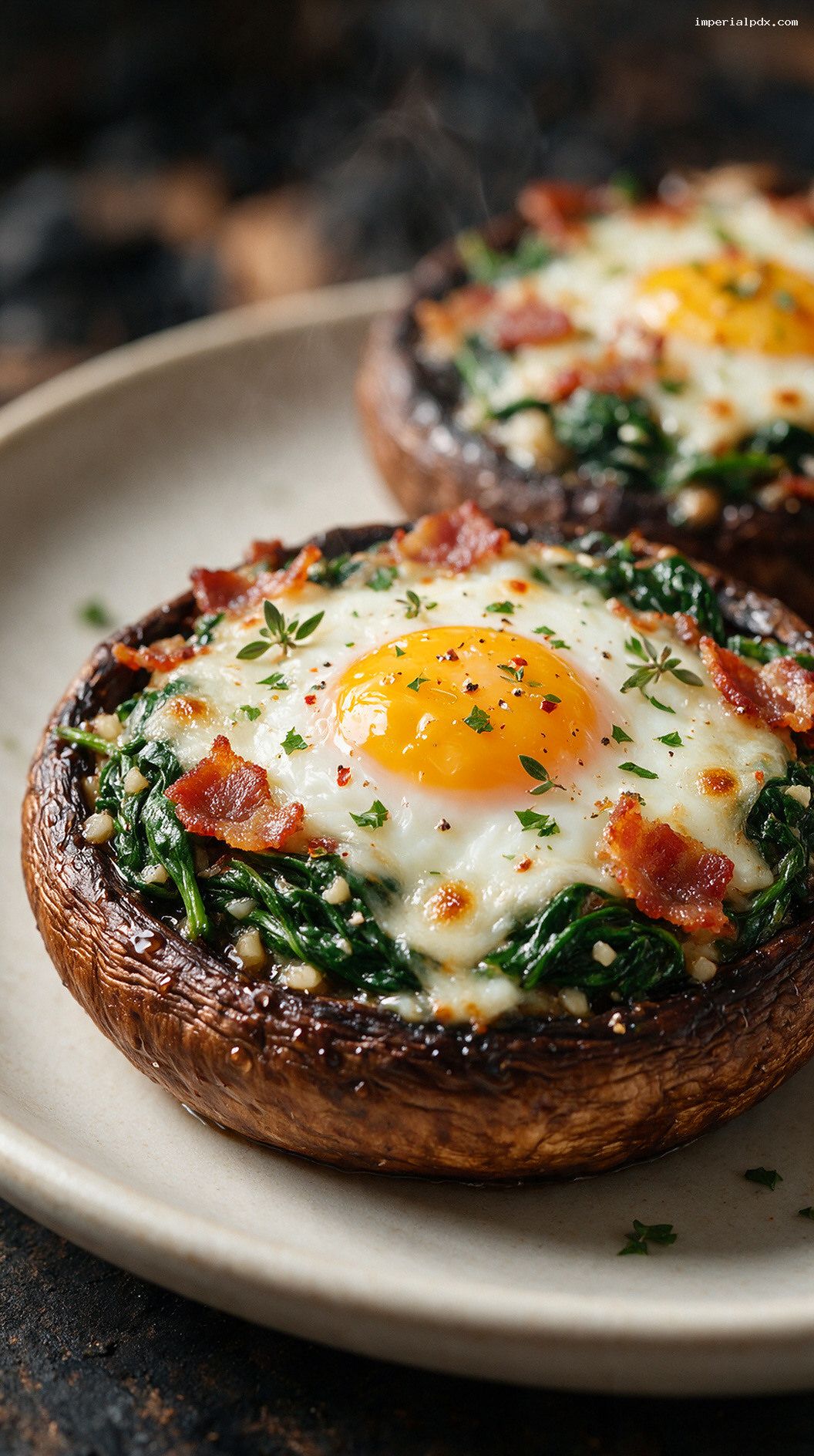Breakfast Stuffed Portobello Mushrooms With Eggs and Bacon – Closeup