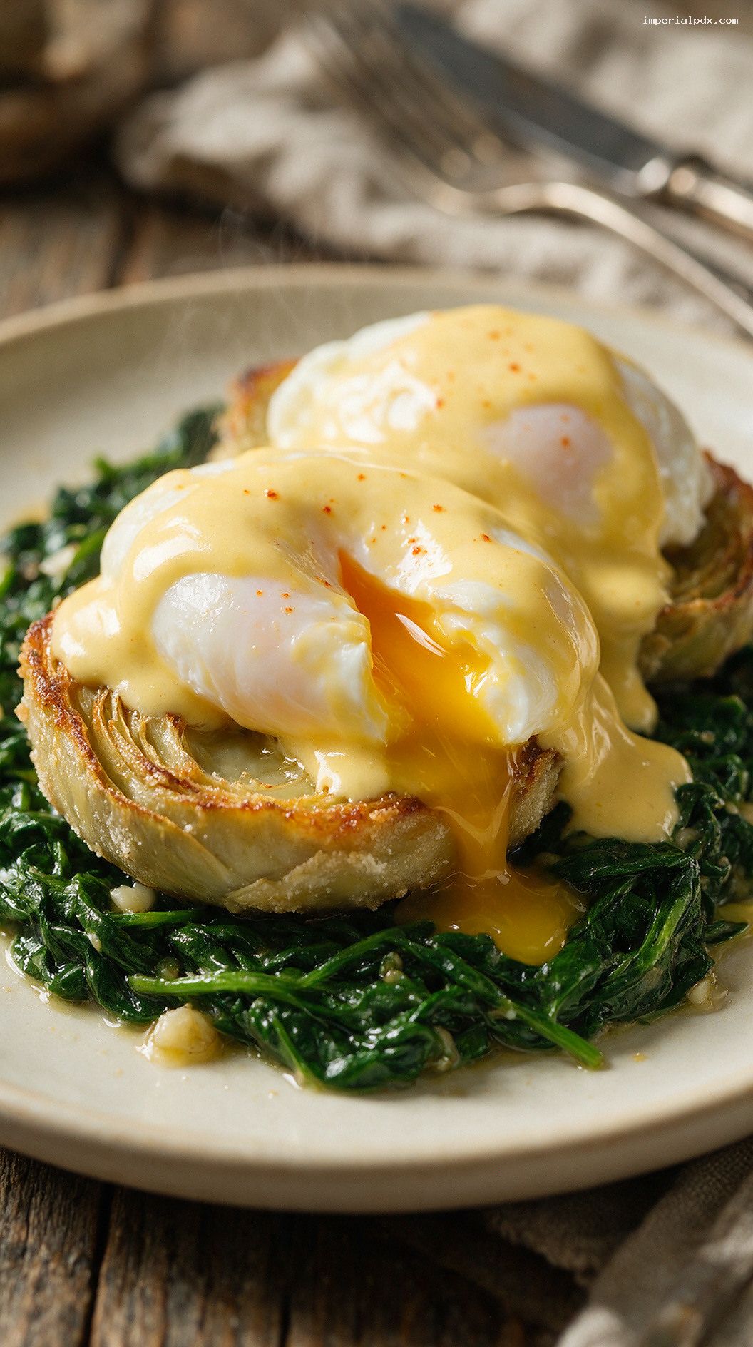 Classic Eggs Sardou With Spinach and Artichokes – Closeup