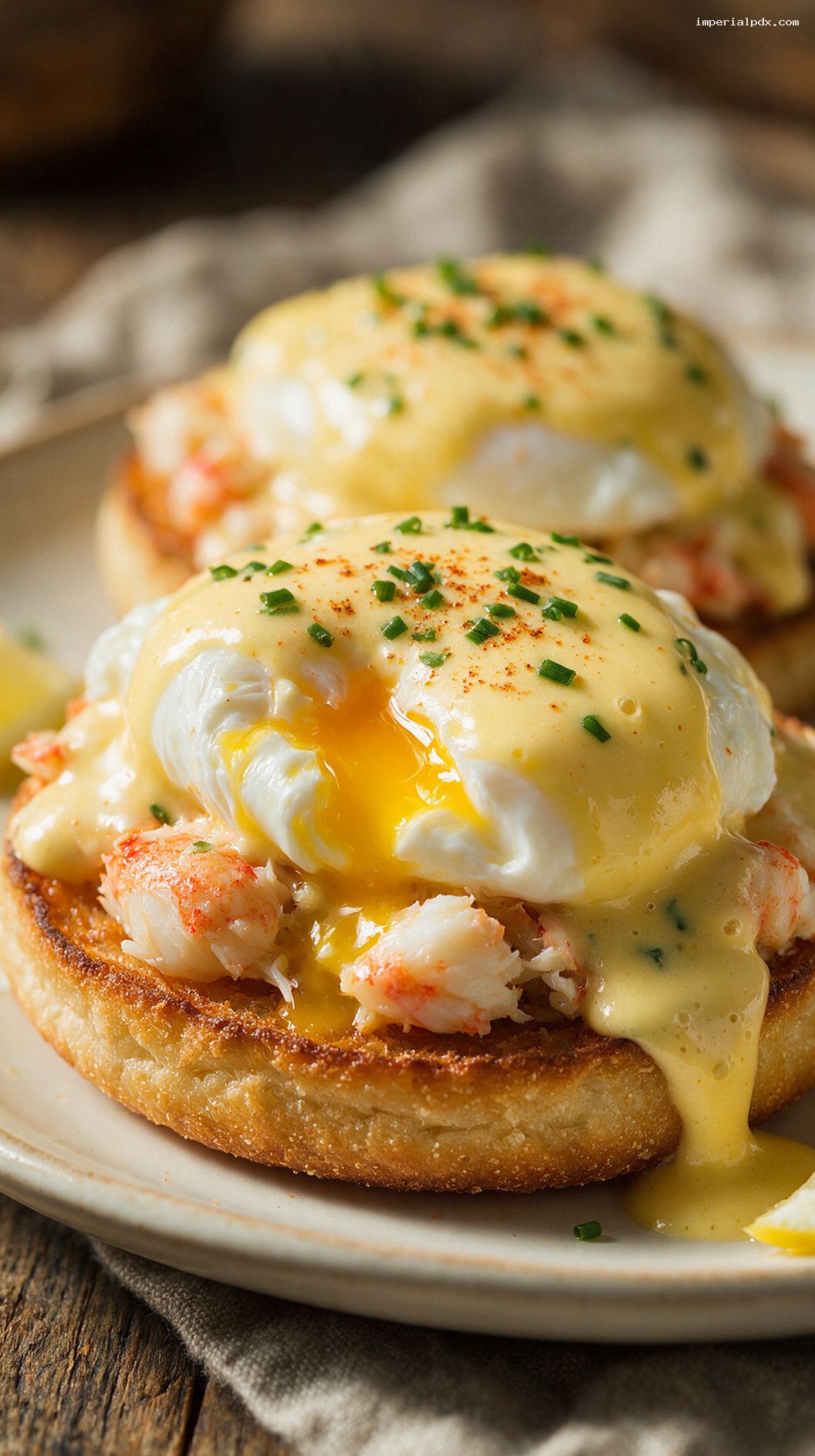 Crab Eggs Benedict With Lemon Hollandaise – Closeup