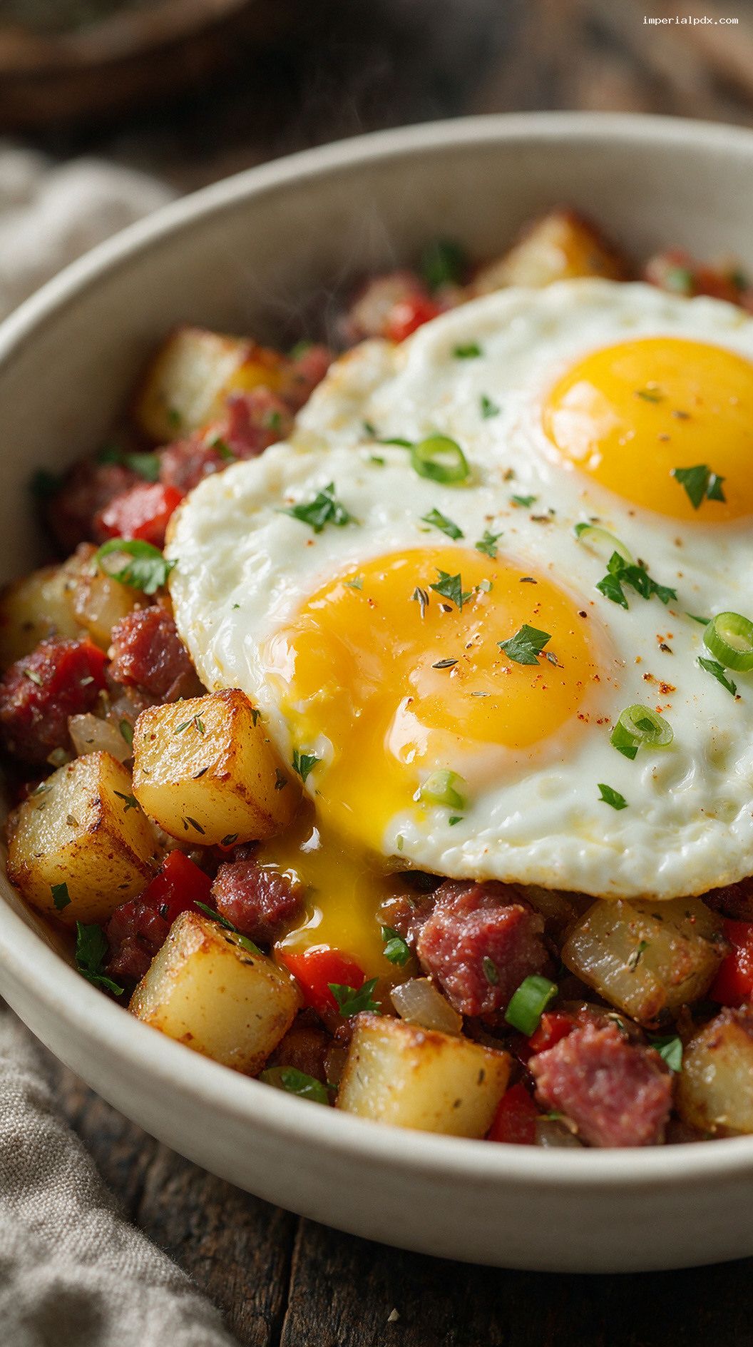 Crispy Corned Beef Hash With Sunny-Side-Up Eggs – Closeup