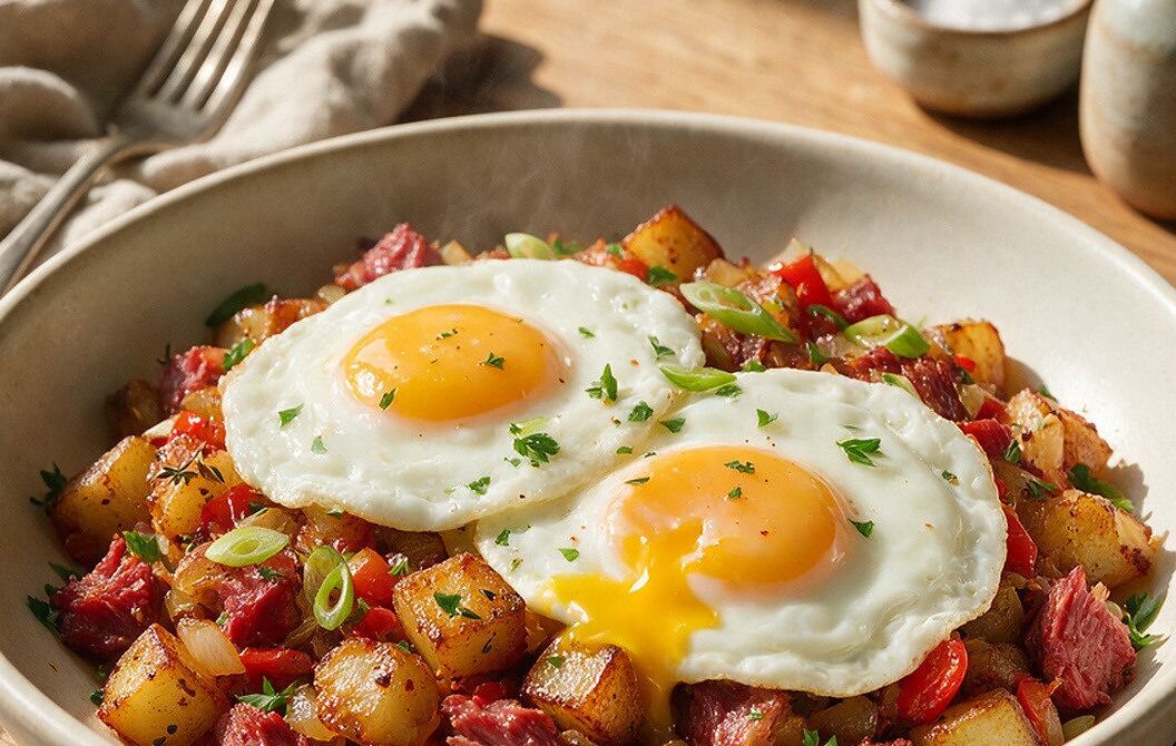 Crispy Corned Beef Hash With Sunny-Side-Up Eggs