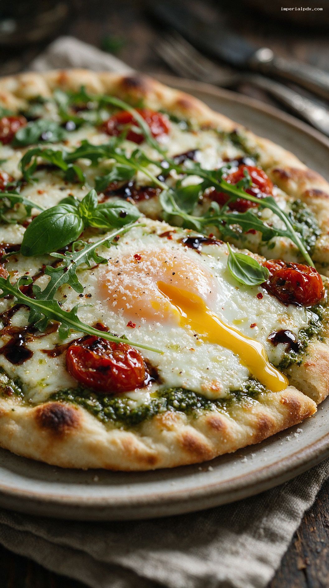 Crispy Egg and Pesto Breakfast Flatbread – Closeup