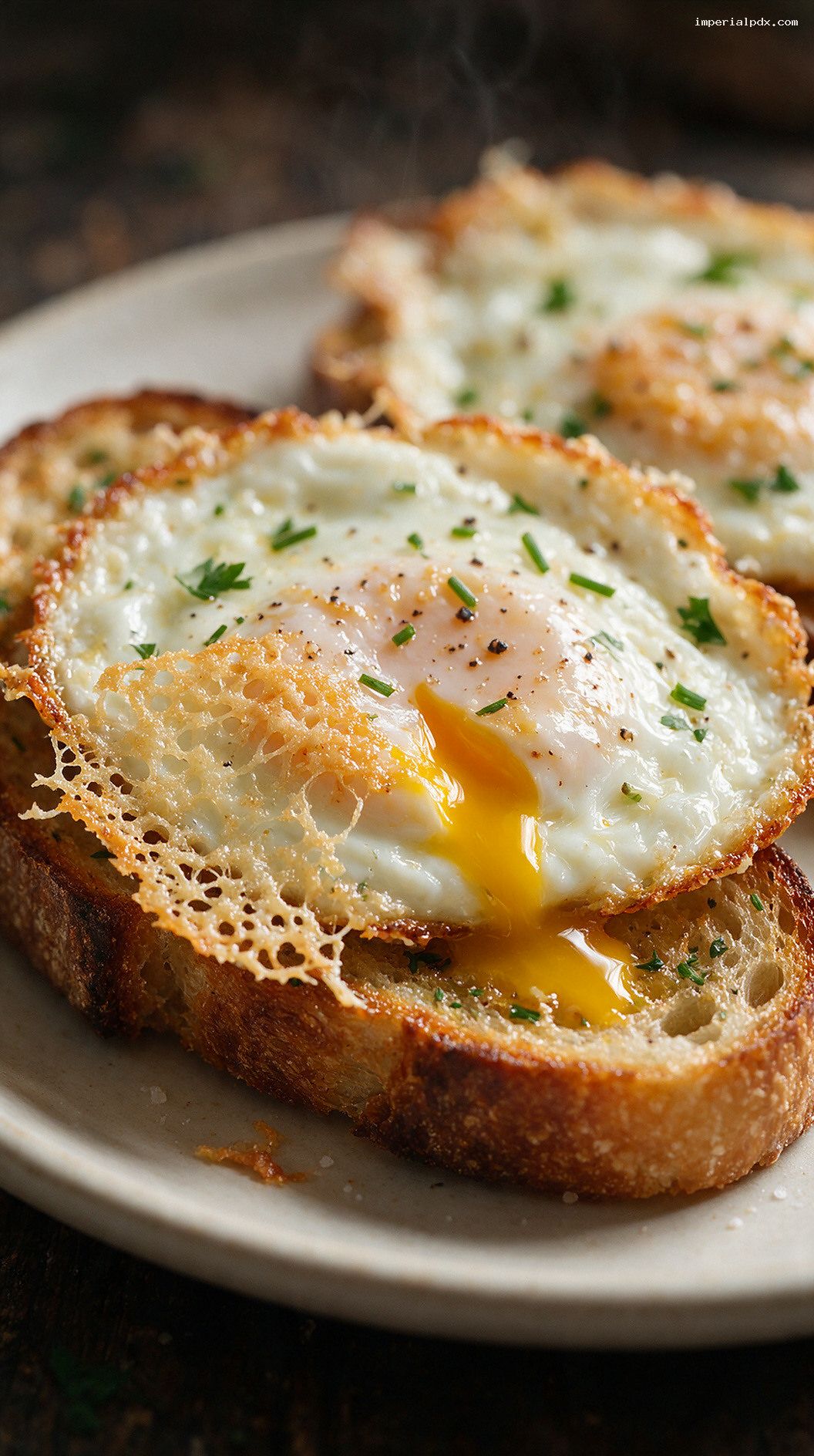 Crispy Parmesan Fried Eggs on Toasted Sourdough – Closeup