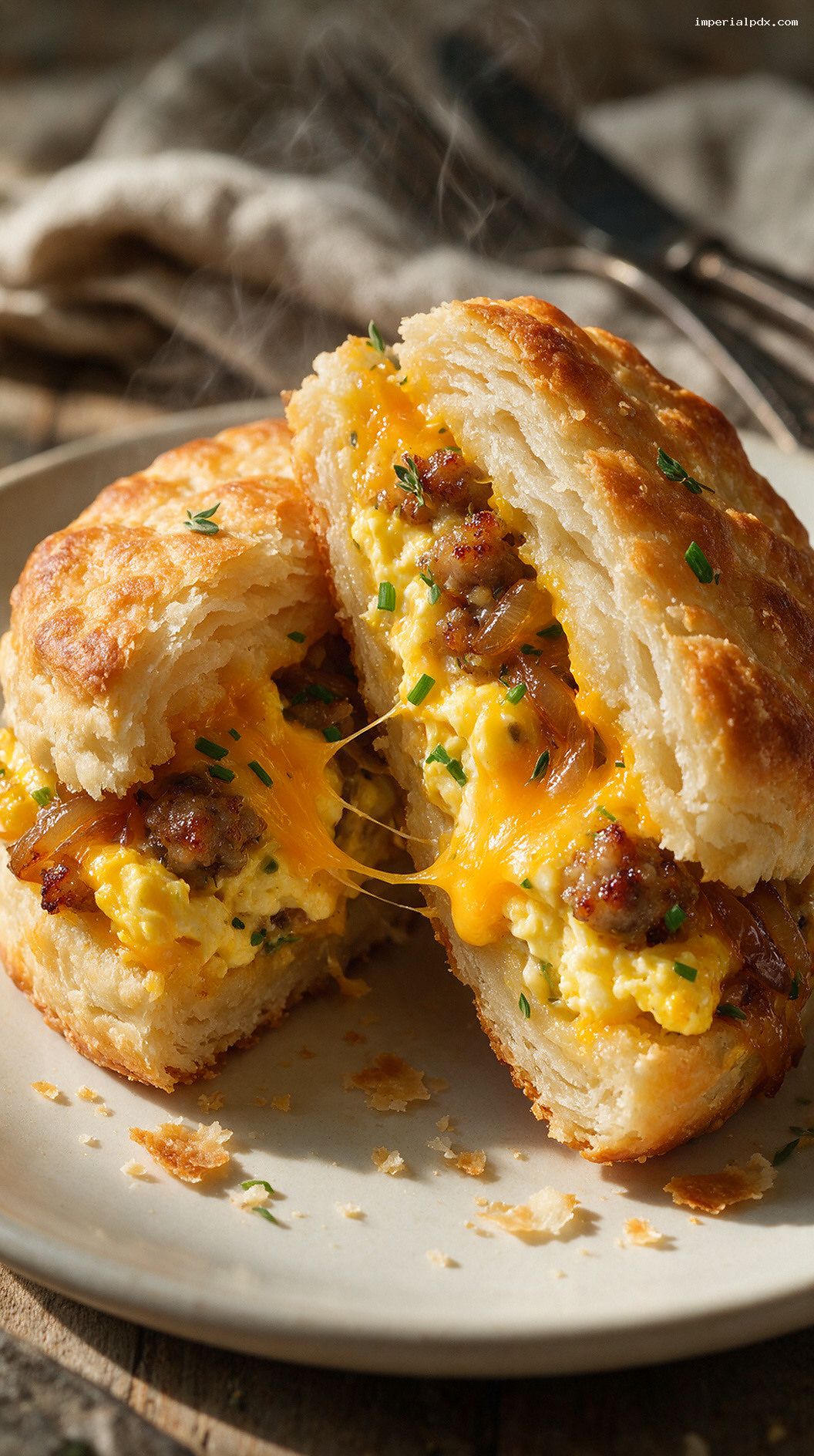 Egg-Stuffed Breakfast Biscuits With Sausage and Cheddar – Closeup