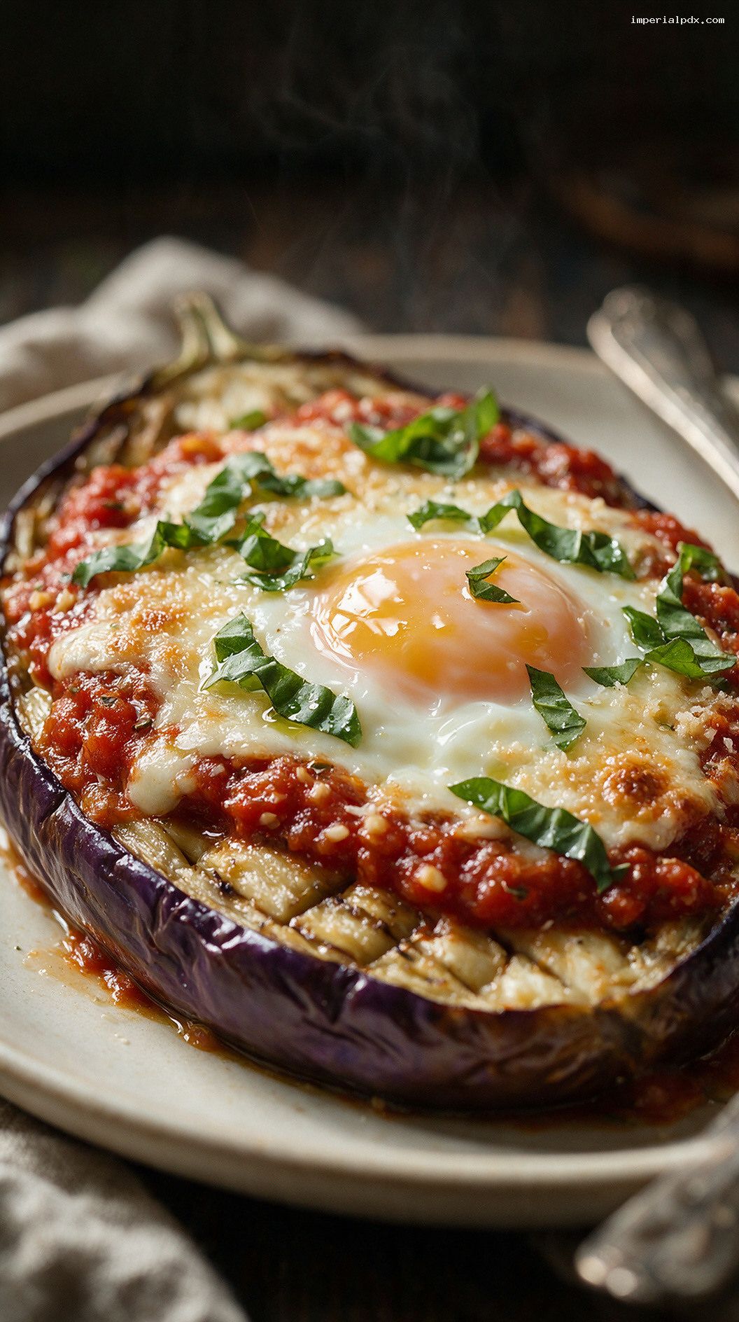 Garlic Herb Baked Eggplant With Eggs – Closeup