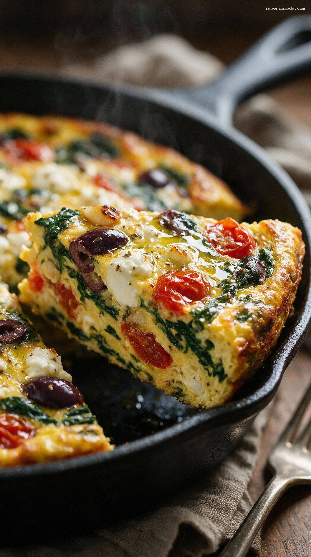 Greek Egg Bake With Spinach, Feta, and Olives – Closeup