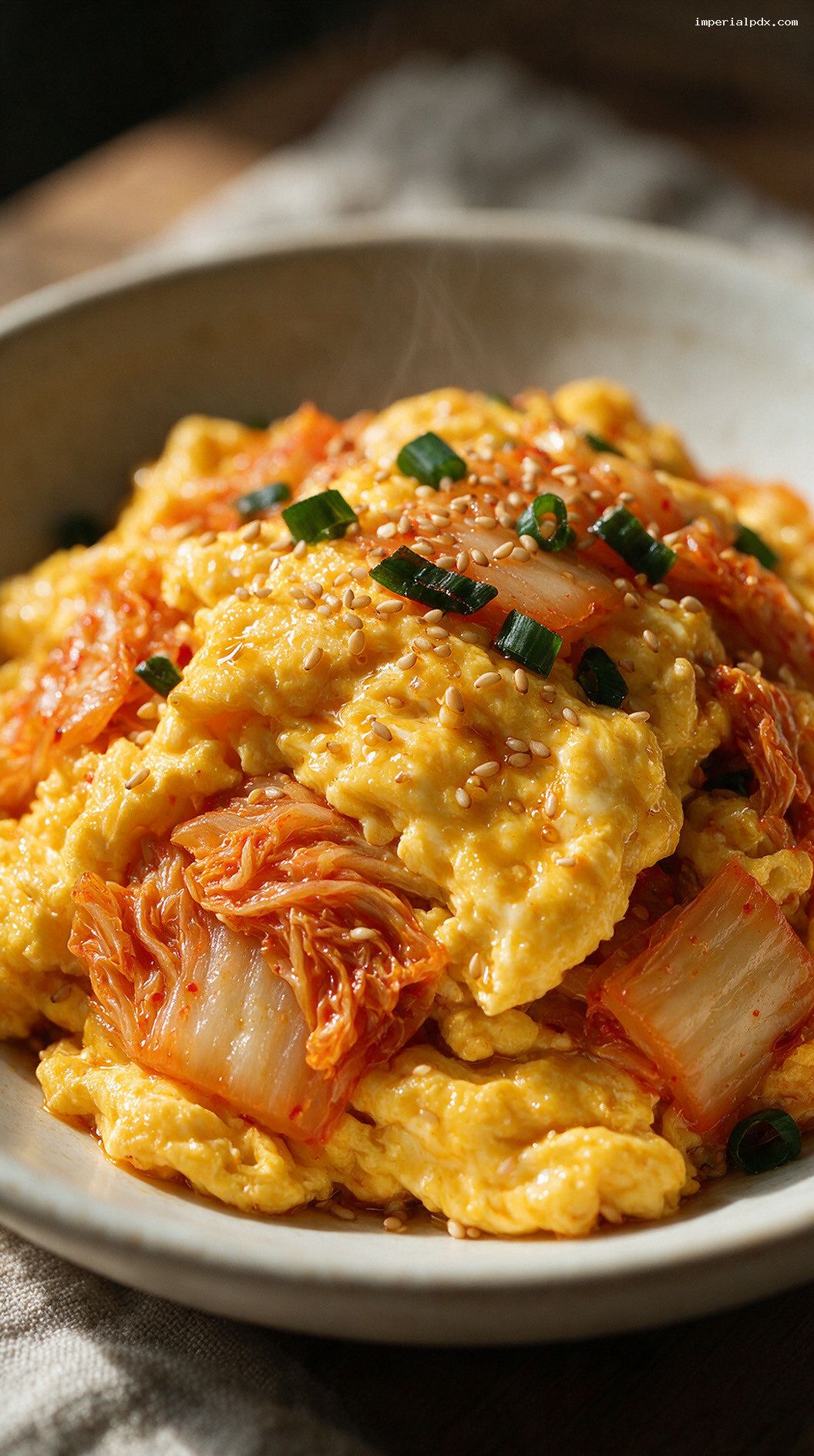 Kimchi Scrambled Eggs With Scallions and Sesame Oil – Closeup