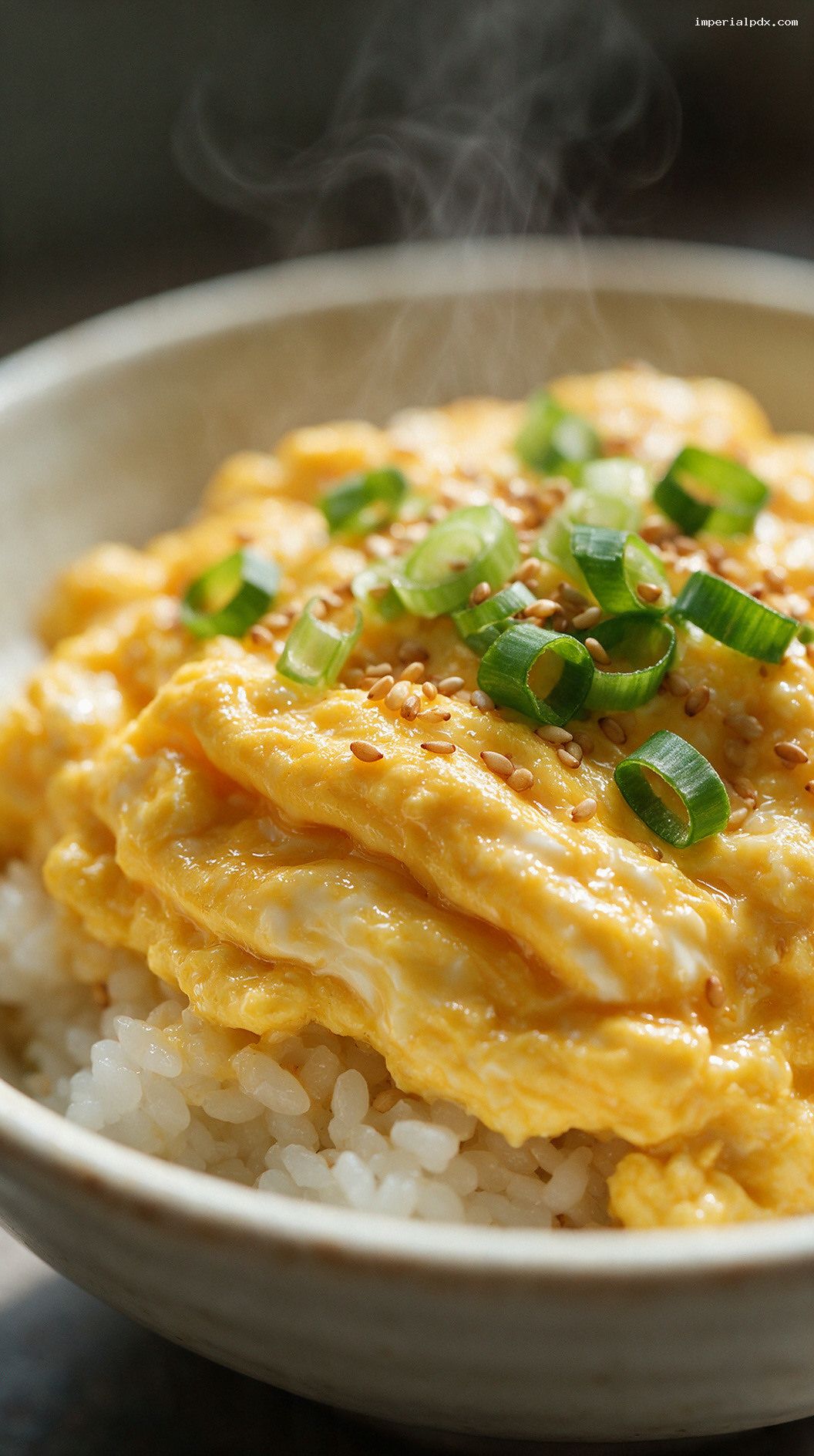Miso Butter Scrambled Eggs with Scallions and Sesame – Closeup