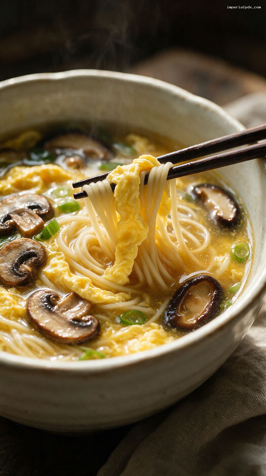 Mushroom Egg Drop Noodle Soup – Closeup