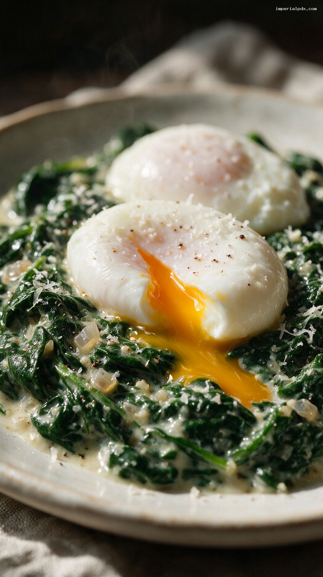 Poached Eggs with Creamed Spinach and Parmesan – Closeup