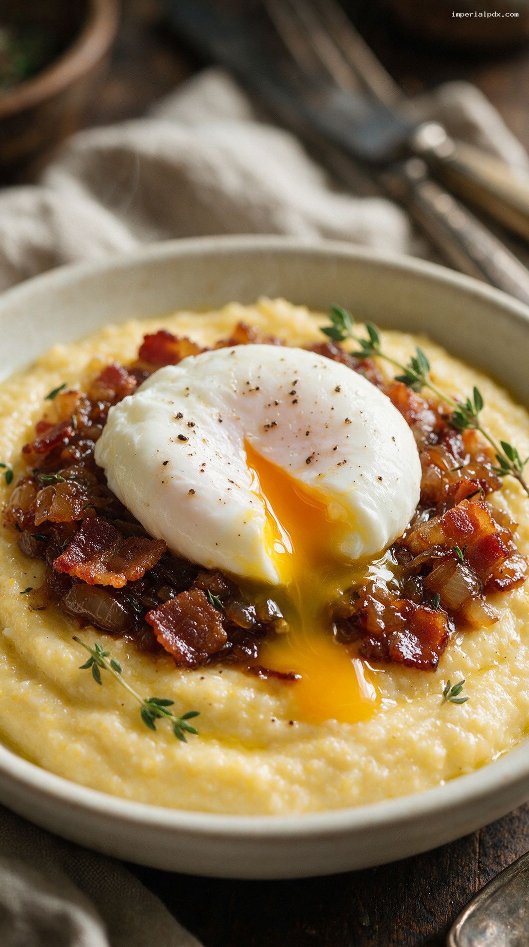 Poached Eggs With Creamy Polenta and Bacon Jam – Closeup