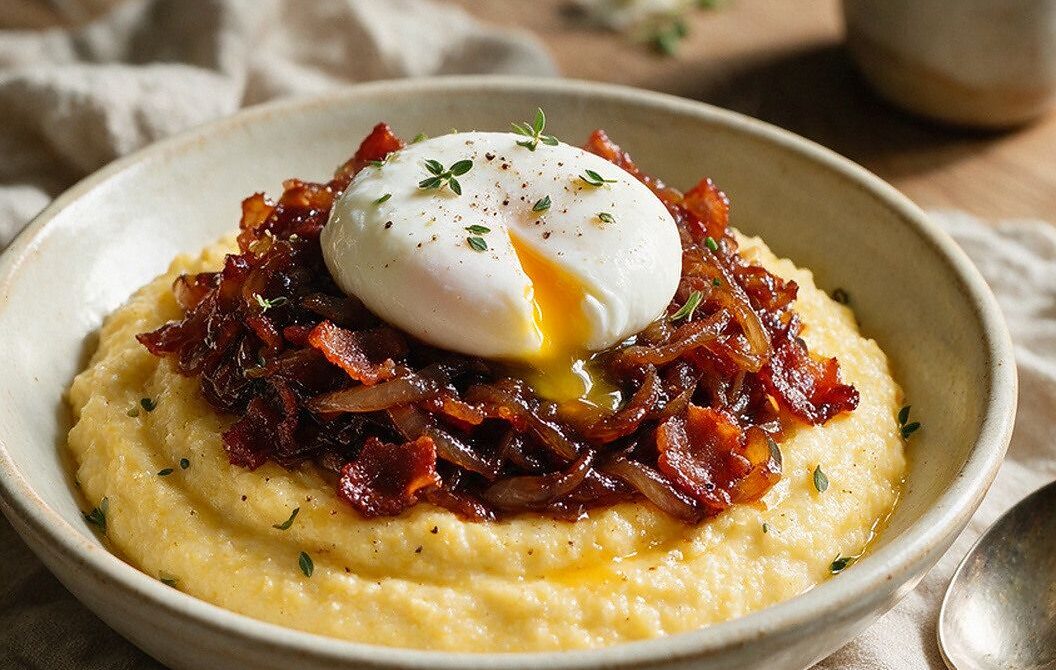 Poached Eggs With Creamy Polenta and Bacon Jam