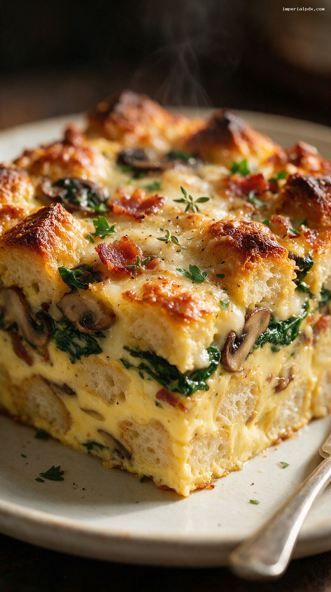 Savory Breakfast Bread Pudding With Bacon and Gruyère – Closeup