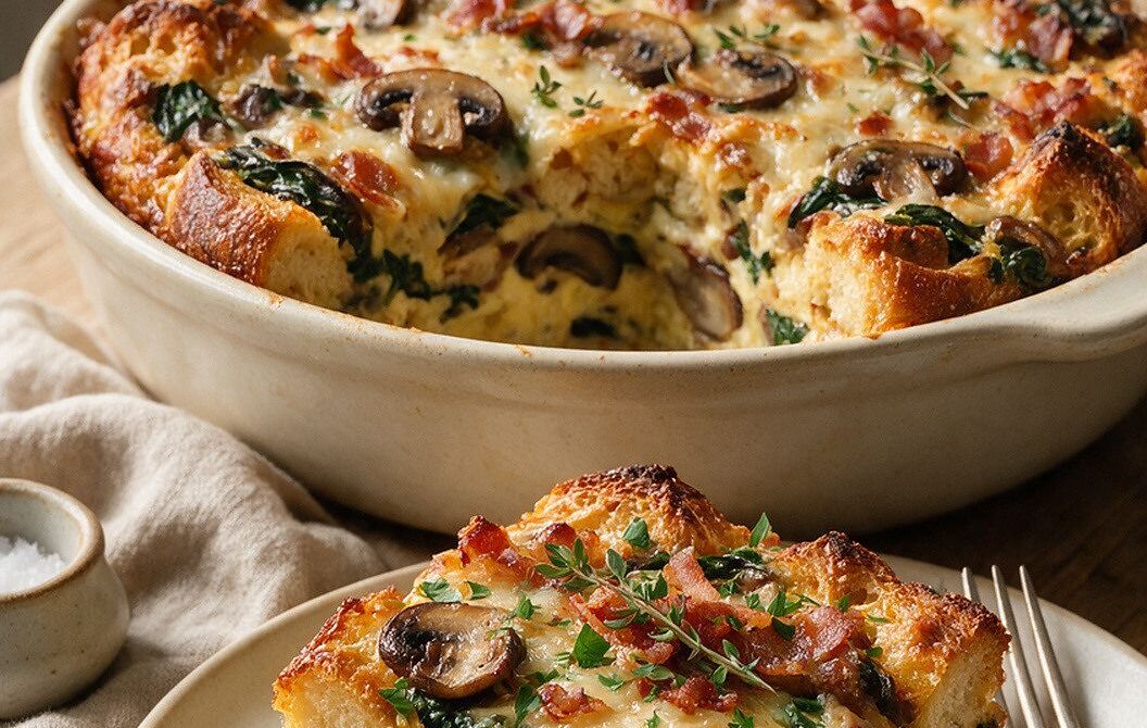 Savory Breakfast Bread Pudding With Bacon and Gruyère
