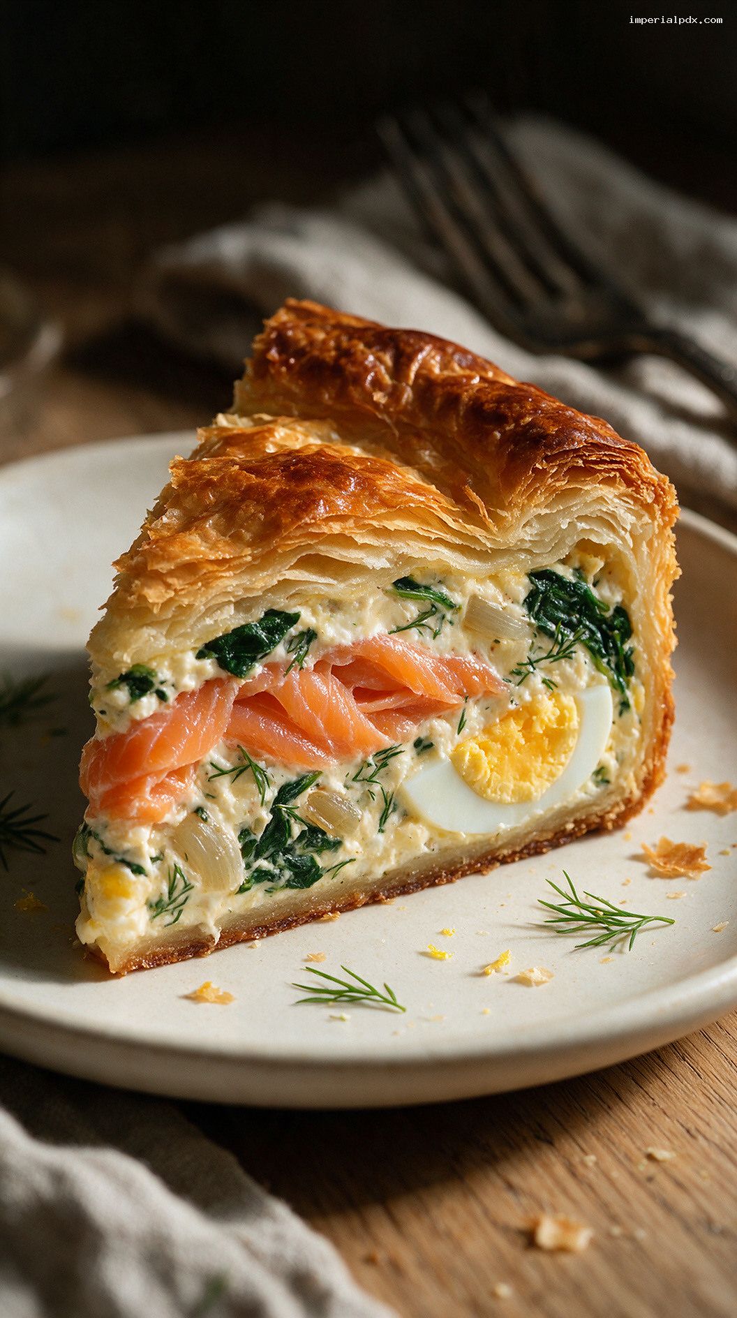 Scandinavian Salmon, Dill, and Egg Pie – Closeup