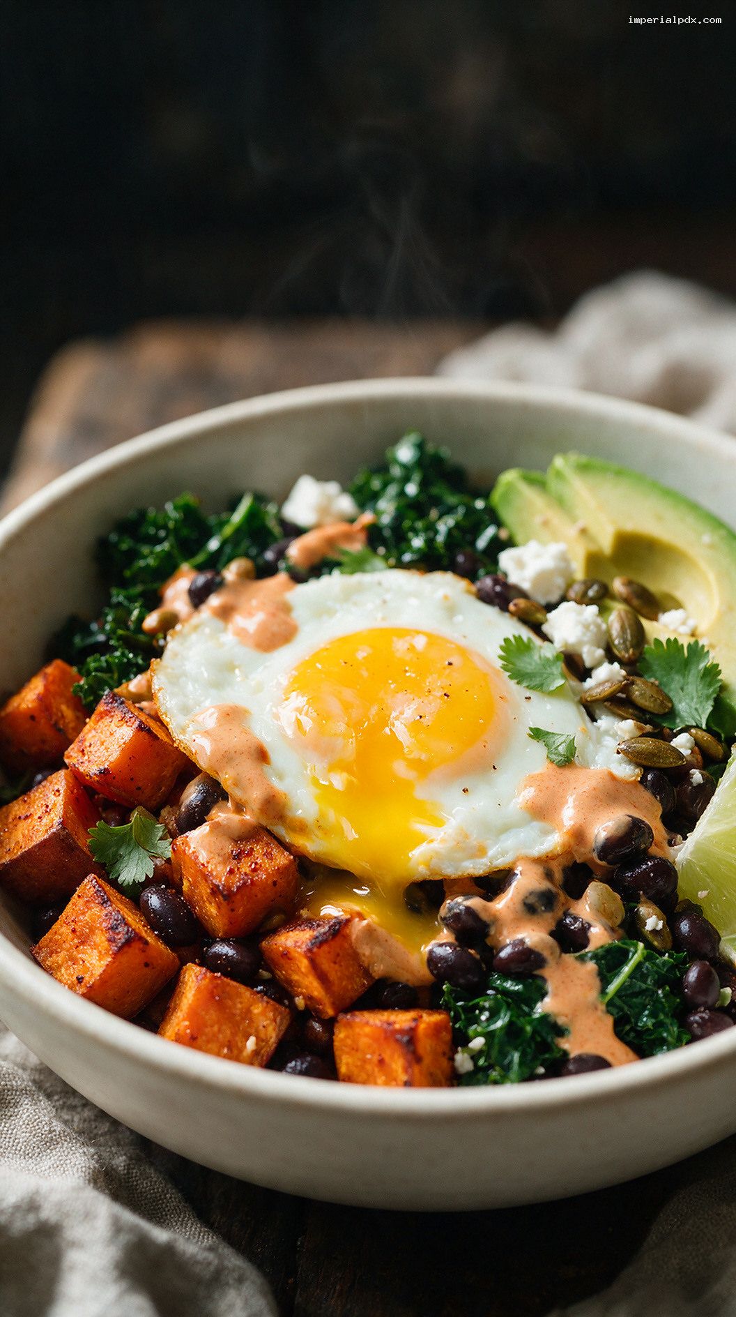 Smoky Egg and Sweet Potato Breakfast Bowl – Closeup