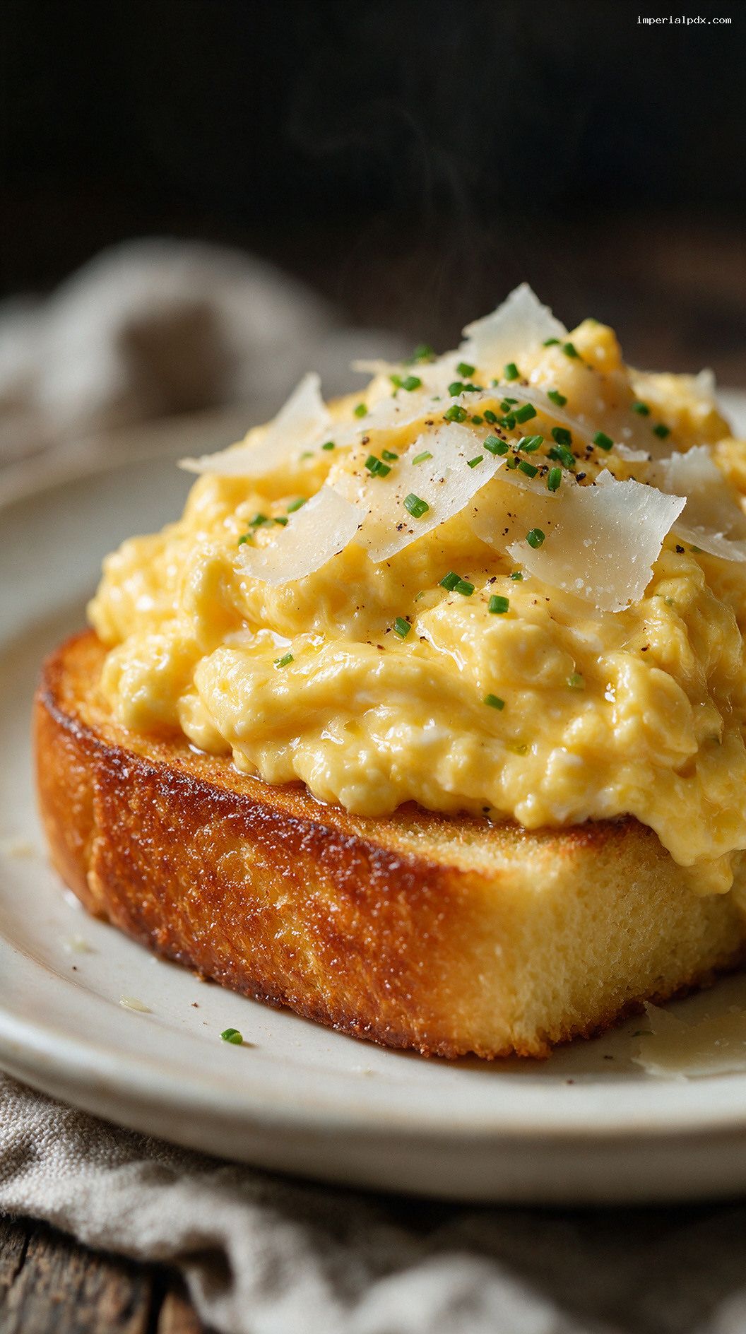 Truffle Scrambled Eggs on Toasted Brioche – Closeup