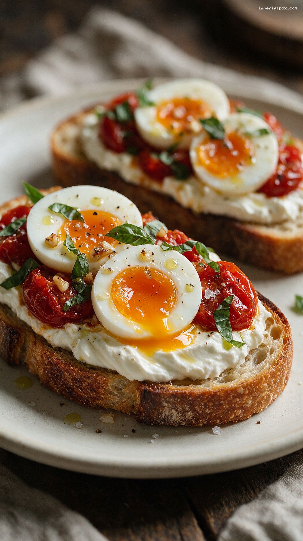 Whipped Ricotta Toast With Jammy Eggs and Roasted Tomatoes – Closeup