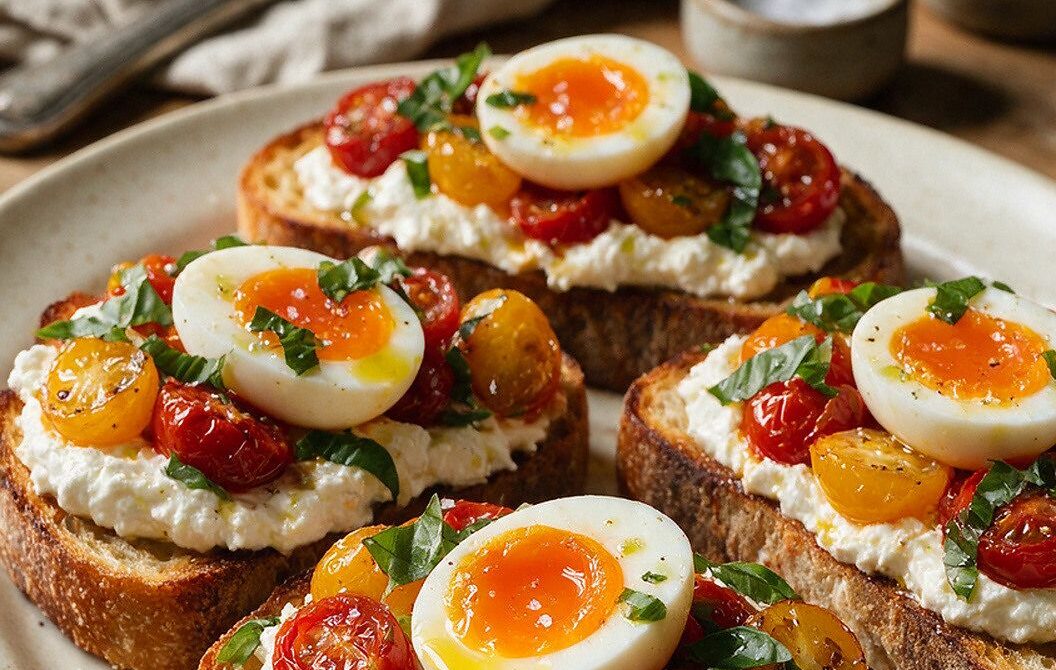 Whipped Ricotta Toast With Jammy Eggs and Roasted Tomatoes