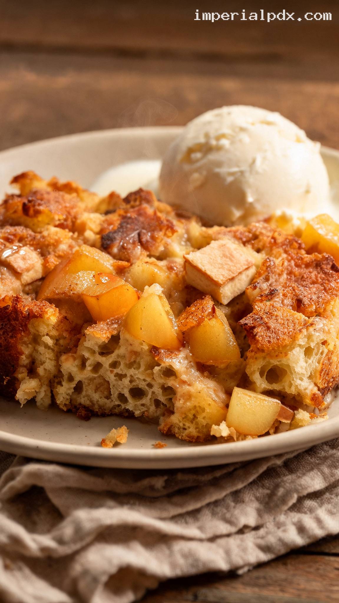 Amish Apple Dumpling Bread Pudding – Closeup