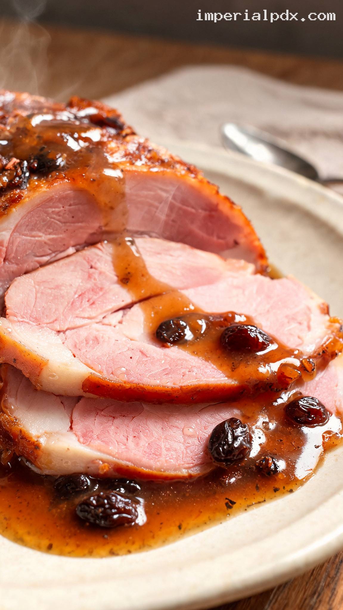 Amish Baked Ham with Old-Fashioned Raisin Sauce – Closeup