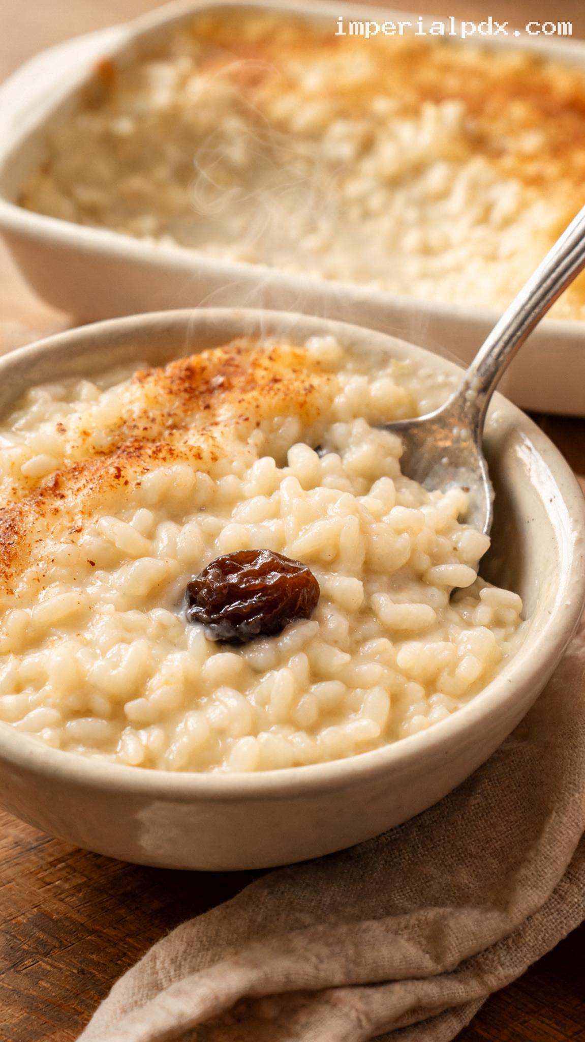 Amish Baked Rice Pudding With Raisins and Cinnamon – Closeup