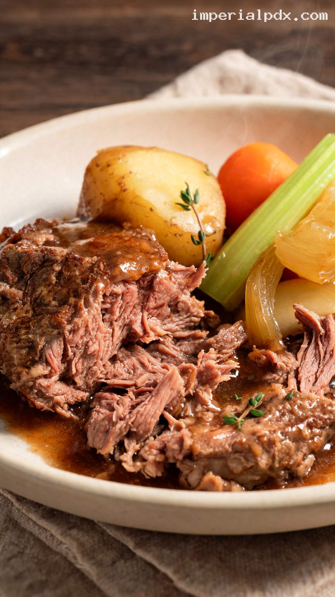 Amish Beef Roast with Root Vegetables and Pan Gravy – Closeup