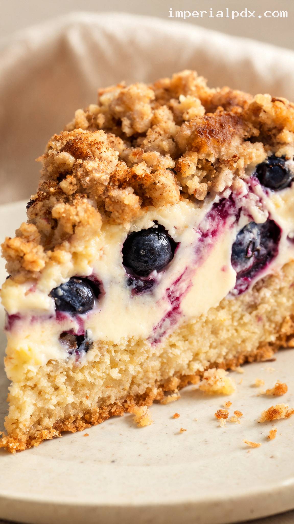Amish Blueberry Kuchen With Vanilla Custard and Buttery Streusel – Closeup