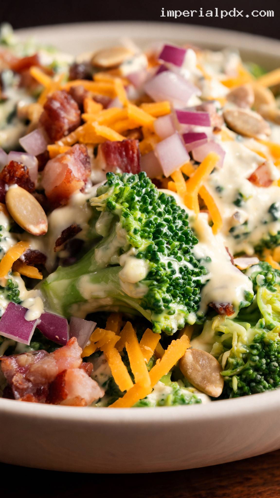 Amish Broccoli Salad With Bacon, Cheddar, and Sweet Creamy Dressing – Closeup
