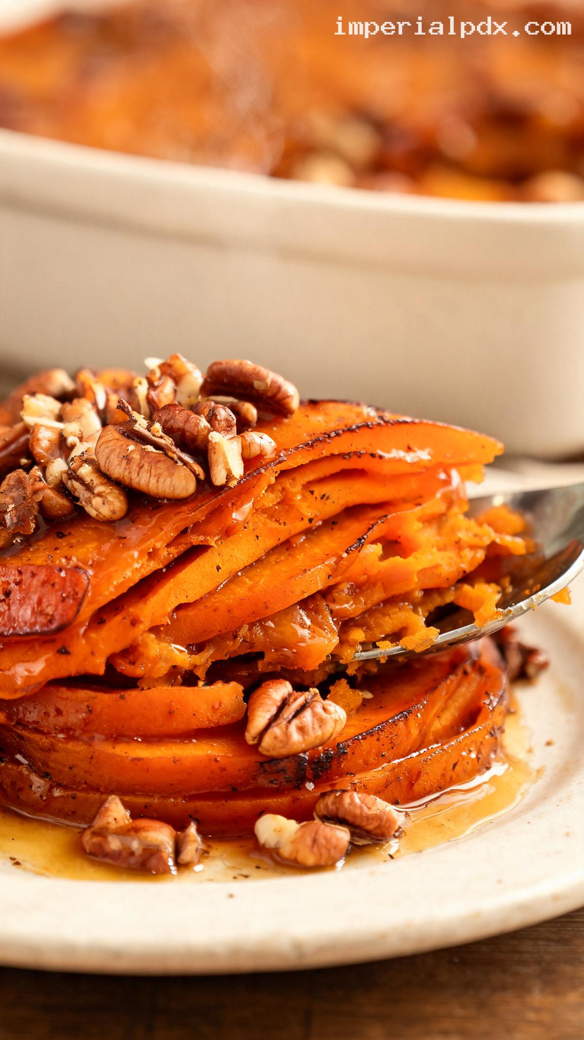 Amish Brown Sugar-Glazed Sweet Potato Bake with Pecans – Closeup