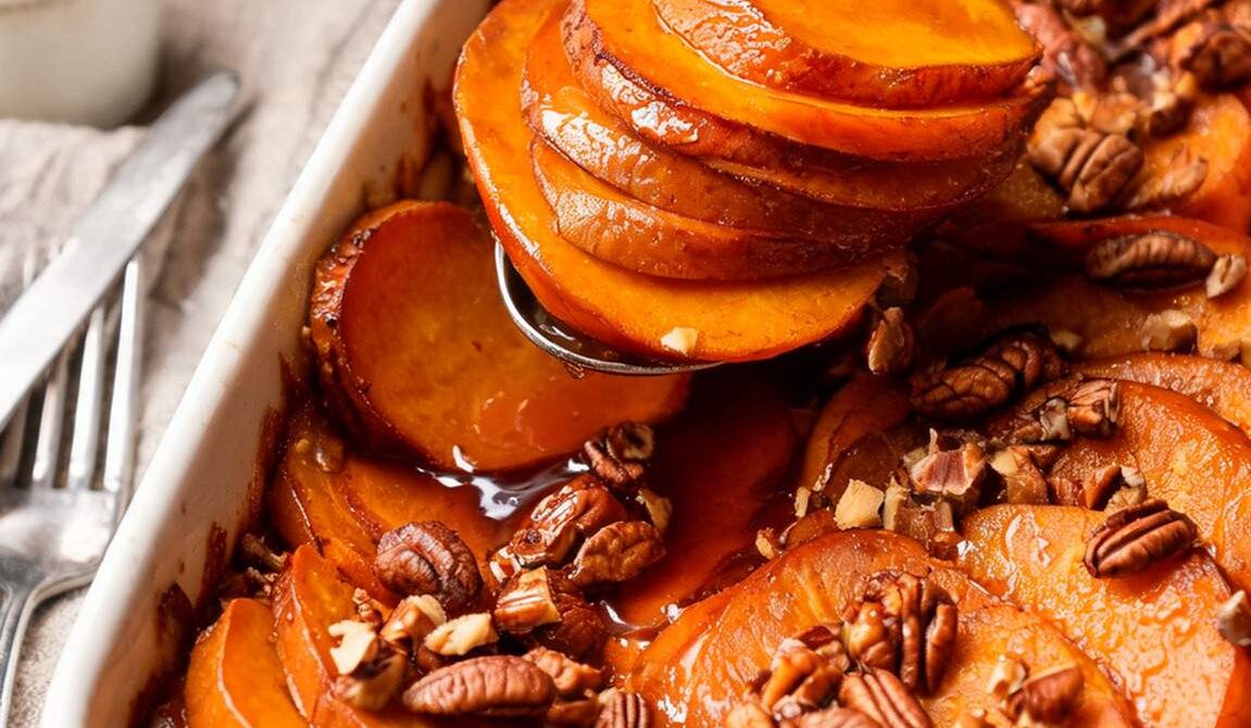 Amish Brown Sugar-Glazed Sweet Potato Bake with Pecans