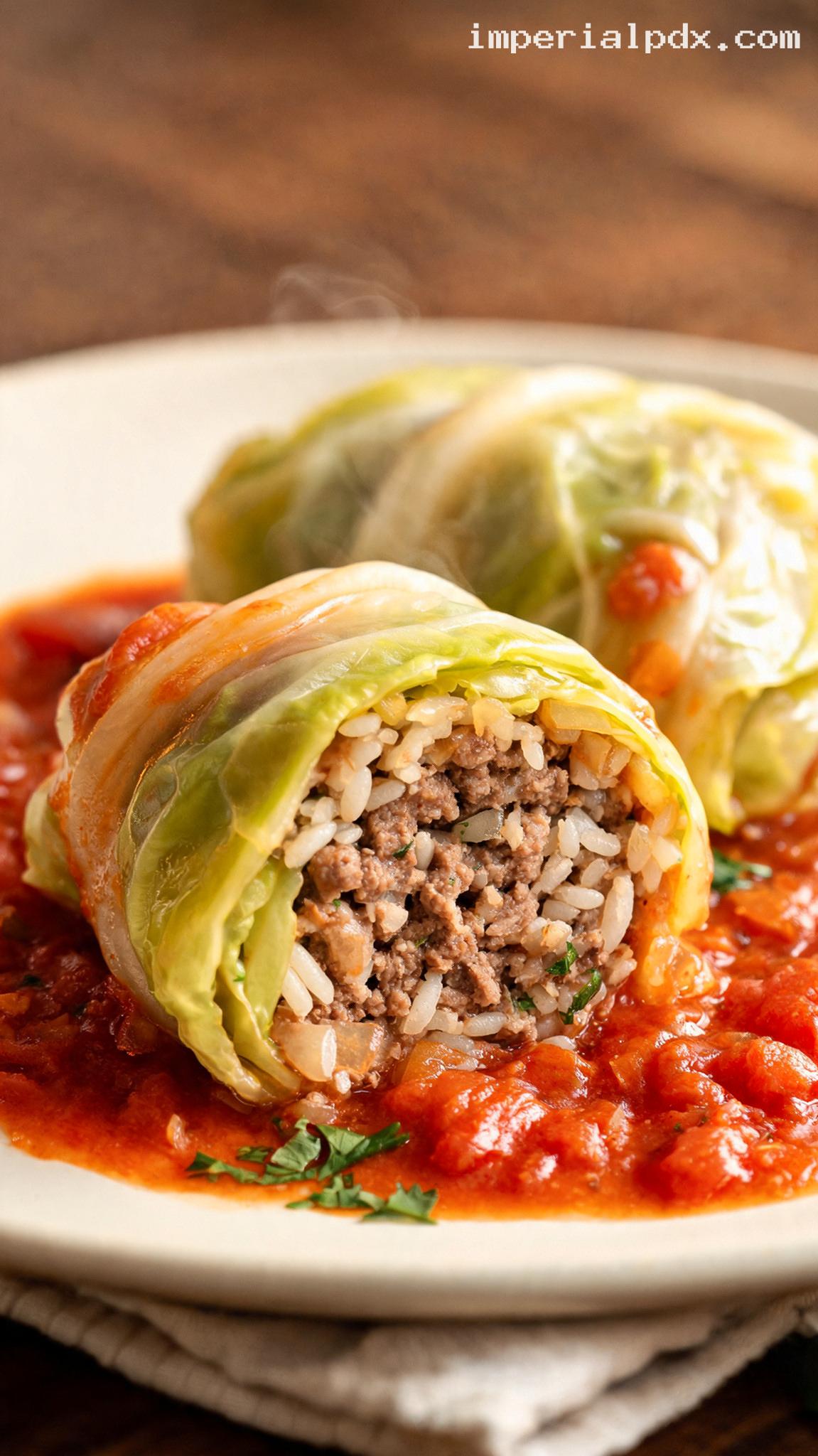 Amish Cabbage Rolls With Savory Beef and Rice – Closeup