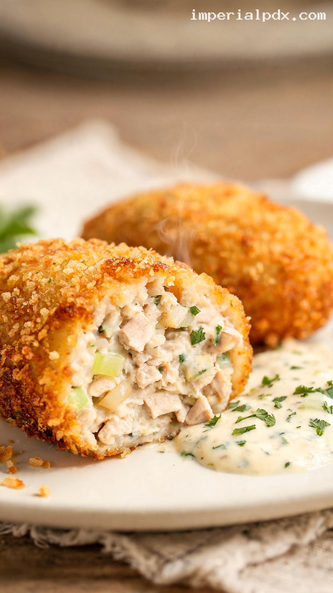 Amish Chicken Croquettes with Creamy Parsley Sauce – Closeup